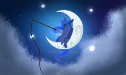 Size: 1280x759 | Tagged: safe, artist:bobtailcat, imported from derpibooru, princess luna, alicorn, pony, cloud, crescent moon, deviantart watermark, dreamworks, female, fishing, fishing rod, glowing horn, horn, magic, mare, moon, night, obtrusive watermark, parody, sitting, sky, solo, stars, tangible heavenly object, telekinesis, watermark