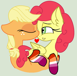 Size: 744x740 | Tagged: safe, artist:jadethepegasus, artist:kingripple, imported from derpibooru, applejack, strawberry sunrise, earth pony, pegasus, pony, applerise, base used, boop, clothes, eyes closed, female, freckles, gray background, grin, heart, kissing, lesbian, lesbian pride flag, mare, noseboop, pride, pride flag, shipping, simple background, smiling, socks, striped socks