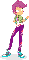 Size: 2033x4195 | Tagged: safe, artist:punzil504, imported from derpibooru, scootaloo, equestria girls, alternate hairstyle, clothes, converse, earbuds, female, jacket, leggings, older, older scootaloo, shirt, shoes, simple background, sneakers, solo, sweatband, t-shirt, transparent background