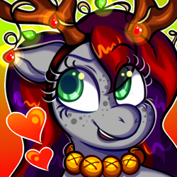 Size: 500x500 | Tagged: safe, imported from derpibooru, oc, oc only, oc:evening prose, pegasus, antlers, bells, christmas, christmas lights, female, freckles, hearth's warming eve, holiday, mare, reindeer antlers, solo