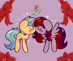 Size: 1043x872 | Tagged: safe, artist:typhwosion, imported from derpibooru, oc, oc only, oc:evening prose, oc:sunrise sentry, pegasus, unicorn, christmas, couple, female, freckles, hearth's warming eve, holiday, jewelry, kissing, male, mare, mistletoe, necklace, pearl necklace, shipping, stallion, sunnyprose