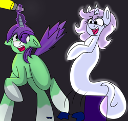 Size: 1325x1254 | Tagged: safe, artist:askhypnoswirl, imported from derpibooru, flash sentry, twilight sparkle, oc, oc only, oc:crescent star, oc:swirly daze, crystal pony, ghost, undead, unicorn, crystal unicorn, female, flashlight, lamp, laughing, magic, male, mare, phasmophobia, scared, shipping, spooked, stallion, straight