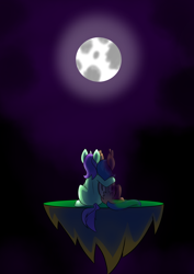 Size: 2480x3508 | Tagged: safe, artist:askhypnoswirl, imported from derpibooru, oc, oc only, oc:crescent star, oc:kavidun, bat pony, crystal pony, ghost, undead, unicorn, crystal unicorn, cuddling, fading, female, floating island, male, mare, moon, rest in peace, sad, stallion, void