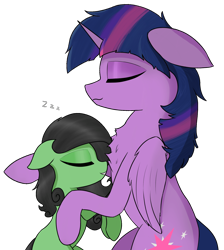 Size: 1616x1800 | Tagged: safe, artist:shepardinthesky, edit, twilight sparkle, oc, oc:filly anon, alicorn, earth pony, pony, black background, chest fluff, cuddling, cute, eyes closed, featured image, female, filly, mare, messy mane, mother and child, mother and daughter, onomatopoeia, simple background, sleeping, snuggling, sound effects, transparent background, twilight sparkle (alicorn), zzz