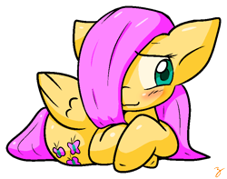 Size: 763x600 | Tagged: safe, artist:zutcha, imported from derpibooru, fluttershy, pegasus, pony, blushing, colored pupils, cute, female, hair over one eye, lying down, mare, prone, shyabetes, simple background, solo, transparent background