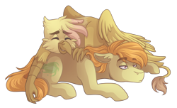 Size: 3300x2000 | Tagged: safe, artist:kikirdcz, imported from derpibooru, oc, oc:beamshot, oc:golden plume, earth pony, griffon, pony, lying down, male, prone, simple background, stallion, transparent background