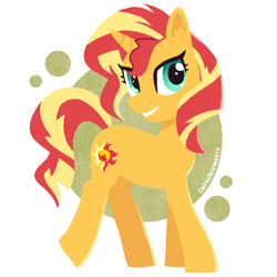 Size: 1200x1200 | Tagged: safe, artist:catachromatic, derpibooru exclusive, imported from derpibooru, sunset shimmer, pony, unicorn, abstract background, colored, cute, female, flat colors, happy, mare, shimmerbetes, smiling, solo