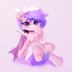 Size: 1574x1574 | Tagged: safe, artist:astralblues, imported from derpibooru, oc, oc only, bat pony, pony, chest fluff, cute, ear fluff, fangs, fluffy, heart eyes, hoof fluff, hoof hold, leg fluff, looking at you, shy, sitting, wingding eyes