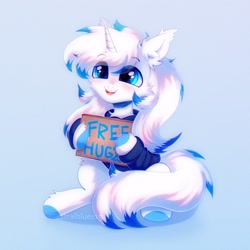 Size: 1674x1674 | Tagged: safe, artist:astralblues, imported from derpibooru, oc, oc only, pony, unicorn, blue eyes, chest fluff, clothes, ear fluff, fluffy, happy, holding sign, hoodie, hoof fluff, leg fluff, male, mouth, open mouth, sign, sitting, smiling, solo