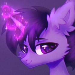 Size: 592x592 | Tagged: safe, artist:astralblues, imported from derpibooru, oc, oc only, oc:tyrian shade, pony, unicorn, ear fluff, fluffy, looking at you, magic, magic aura, male, purple eyes, solo, sparkles