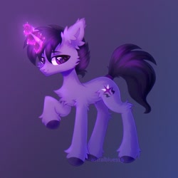 Size: 1700x1700 | Tagged: safe, artist:astralblues, imported from derpibooru, oc, oc only, oc:tyrian shade, pony, unicorn, chest fluff, ear fluff, fluffy, holding hoof, hoof fluff, leg fluff, looking at you, magic, magic aura, male, purple eyes, solo, sparkles