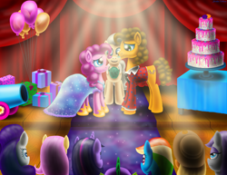 Size: 3300x2550 | Tagged: safe, artist:jac59col, imported from derpibooru, applejack, cheese sandwich, fluttershy, maud pie, mayor mare, pinkie pie, rainbow dash, rarity, spike, twilight sparkle, balloon, cheesepie, clothes, dress, female, male, marriage, party cannon, present, shipping, straight, tuxedo, wedding, wedding cake, wedding dress