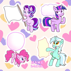 Size: 1000x1000 | Tagged: safe, artist:k-nattoh, imported from derpibooru, lyra heartstrings, pinkie pie, starlight glimmer, twilight sparkle, earth pony, pony, unicorn, bipedal, flag, label