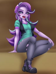 Size: 1561x2048 | Tagged: safe, artist:cricriarts, imported from derpibooru, starlight glimmer, equestria girls, beanie, blushing, breasts, clothes, hat, open mouth, sitting, solo