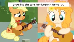Size: 628x356 | Tagged: safe, imported from derpibooru, screencap, applejack, pear butter, the mane attraction, the perfect pear, comparison, cute, female, filly, filly applejack, guitar, jackabetes, like mother like daughter, like parent like child, musical instrument, pearabetes, text, younger
