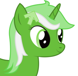Size: 1012x996 | Tagged: safe, artist:joey, edit, imported from derpibooru, oc, oc only, oc:upvote, pony, unicorn, derpibooru, arrow, bust, cropped, derpibooru ponified, female, horn, icon, mare, meta, ponified, portrait, side view, simple background, smiling, solo, transparent background, upscaled, waifu2x