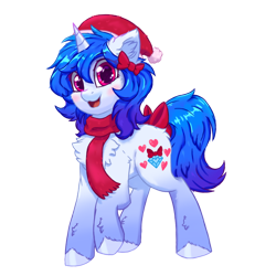Size: 1200x1200 | Tagged: safe, artist:gempainter32, imported from derpibooru, oc, oc only, oc:diamond nella, pony, unicorn, derpibooru community collaboration, 2021 community collab, blue mane, bow, cheek fluff, chest fluff, christmas, clothes, cute, cutie mark, diamond, ear fluff, eye clipping through hair, female, hat, heart, holiday, hoof fluff, ibispaint x, looking at you, magenta eyes, mare, open mouth, raised hoof, santa hat, scarf, simple background, solo, transparent background