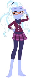 Size: 345x870 | Tagged: safe, artist:marcorois, edit, editor:thomasfan45, imported from derpibooru, sugarcoat, equestria girls, barefoot, blouse, bow, clothes, crystal prep academy uniform, crystal prep shadowbolts, cute, feet, glasses, hairclip, hand on hip, leggings, legs, looking to side, pigtails, pleated skirt, school uniform, simple background, skirt, solo, suspicious, twintails, vector, white background