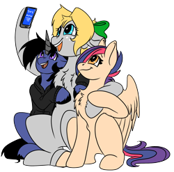 Size: 2186x2160 | Tagged: safe, artist:brainiac, derpibooru exclusive, imported from derpibooru, oc, oc:brush stroke, oc:gray star, oc:risky, earth pony, pegasus, unicorn, derpibooru community collaboration, 2021 community collab, blue screen, cellphone, error screen, female, mare, phone