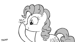 Size: 1200x675 | Tagged: safe, artist:pony-berserker, imported from derpibooru, pinkie pie, boop, monochrome, pony-berserker's twitter sketches, self-boop, smiling, stippling, unsound effect