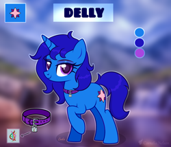 Size: 3500x3000 | Tagged: safe, artist:cornelia_nelson, imported from derpibooru, oc, oc only, oc:delly, pony, unicorn, collar, female, looking at you, mare, raised hoof, reference sheet