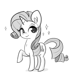 Size: 1760x1760 | Tagged: safe, artist:tjpones, imported from derpibooru, rarity, pony, unicorn, chest fluff, ear fluff, female, grayscale, looking at you, mare, monochrome, raised hoof, simple background, solo, sparkles, white background