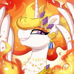 Size: 1000x1000 | Tagged: safe, artist:colorfulcolor233, imported from derpibooru, nightmare star, bust, chest fluff, crown, ear fluff, ear piercing, earring, fangs, fire, jewelry, looking at you, mane of fire, piercing, portrait, profile, regalia, slit pupils, smiling, solo, spread wings, wings