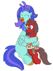 Size: 2448x3264 | Tagged: safe, artist:supahdonarudo, derpibooru exclusive, imported from derpibooru, oc, oc only, oc:ironyoshi, oc:sea lilly, classical hippogriff, hippogriff, unicorn, derpibooru community collaboration, 2021 community collab, clothes, happy, hug, scarf, simple background, surprised, sweater, transparent background