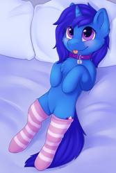 Size: 2000x3000 | Tagged: safe, artist:dbleki, imported from derpibooru, oc, oc:delly, pony, unicorn, :p, blushing, clothes, collar, lying down, on back, pet tag, socks, stockings, striped socks, thigh highs, tongue out