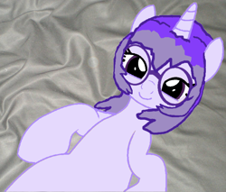 Size: 762x650 | Tagged: safe, artist:mellow91, imported from derpibooru, oc, oc:glass sight, unicorn, bed, bedroom eyes, bedsheets, belly, bellyrubs, glasses, laying on bed, looking offscreen, loving gaze, lying down, on back, on bed, smiling