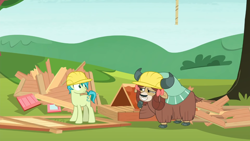 Size: 1366x768 | Tagged: safe, imported from derpibooru, screencap, sandbar, yona, earth pony, pony, yak, non-compete clause, season 8, spoiler:s08, bow, cloven hooves, construction helmet, female, hair bow, hard hat, male, monkey swings, stallion, wtf