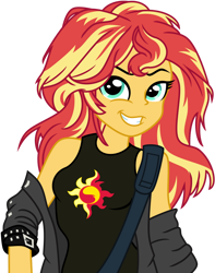 Size: 1024x1298 | Tagged: safe, artist:emeraldblast63, artist:harwick, imported from derpibooru, sunset shimmer, equestria girls, alternate hairstyle, clothes, female, grin, jacket, leather jacket, redesign, simple background, smiling, solo, transparent background