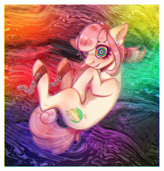Size: 1600x1667 | Tagged: safe, artist:ottcat23, imported from derpibooru, oc, oc only, oc:hopple scotch, earth pony, pony, ankle cuffs, chains, commission, cuffs, drugs, female, hooves to the chest, looking at you, mare, psychedelic, rainbow background, solo, swirly eyes, tripping, ych result