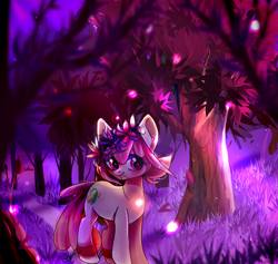 Size: 2111x2000 | Tagged: safe, artist:vurrul, imported from derpibooru, oc, oc only, oc:hopple scotch, earth pony, pony, ankle cuffs, chains, commission, cuffs, female, flower, flower in hair, forest, forest background, grass, hair accessory, jewelry, looking sideways, mare, mouth hold, necklace, night, outdoors, pigtails, road, sky, solo, tree, ych result