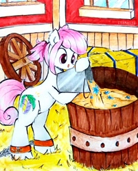 Size: 1997x2490 | Tagged: safe, artist:liaaqila, imported from derpibooru, oc, oc only, oc:hopple scotch, earth pony, pony, ankle cuffs, barn, brewing, bucket, chains, commission, cuffs, female, flower, hay bale, hoof hold, mare, potion, pouring, smiling, solo, tongue out, traditional art, wheel, window