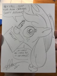 Size: 1536x2048 | Tagged: safe, artist:andypriceart, imported from derpibooru, applejack, earth pony, pony, accent, andy you magnificent bastard, applejack's hat, ballot, cowboy hat, female, freckles, hat, implied donald trump, mare, mouth hold, nose wrinkle, pencil drawing, politics, sketch, solo, traditional art, vote, voting, y'all