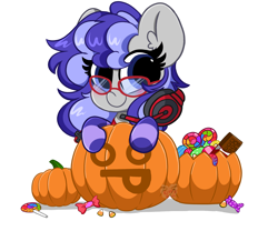 Size: 4200x3500 | Tagged: safe, artist:kittyrosie, imported from derpibooru, oc, oc only, oc:cinnabyte, earth pony, pony, adorkable, candy, cinnabetes, clothes, commission, cute, dork, female, food, gaming headset, glasses, headphones, headset, mare, meganekko, ocbetes, pumpkin, simple background, smiling, socks, solo, striped socks, white background, ych result, your character here