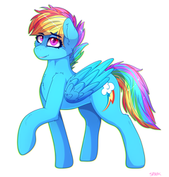 Size: 1592x1668 | Tagged: safe, artist:aaa-its-spook, imported from derpibooru, rainbow dash, pegasus, pony, alternate hairstyle, backwards cutie mark, eye clipping through hair, female, mare, raised hoof, short mane, simple background, smiling, solo, white background