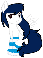 Size: 728x986 | Tagged: safe, artist:sassysvczka, imported from derpibooru, oc, oc only, oc:sassysvczka, pegasus, pony, clothes, cute, female, gimp, long hair, mare, missing cutie mark, pegasus oc, raised wings, simple background, sitting, smiling, smirk, socks, solo, spread wings, stockings, striped socks, thigh highs, wings