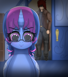 Size: 1500x1693 | Tagged: safe, artist:crimsonsky, artist:undisputed, imported from derpibooru, oc, oc:crimson sky, oc:moonlight wish, human, pony, unicorn, clothes, door, doorway, duo, fanfic, fanfic art, female, glasses, male, mare