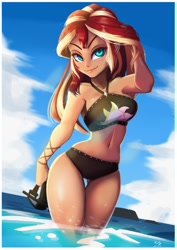 Size: 706x1000 | Tagged: safe, artist:the-park, imported from derpibooru, sunset shimmer, human, equestria girls, equestria girls series, forgotten friendship, beautiful, belly button, bikini, black swimsuit, breasts, busty sunset shimmer, clothes, cloud, curvy, cutie mark swimsuit, female, hips, hourglass figure, midriff, ocean, sexy, sky, snorkel, solo, stupid sexy sunset shimmer, summer sunset, swimsuit, wide hips