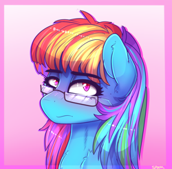 Size: 748x732 | Tagged: safe, artist:aaa-its-spook, imported from derpibooru, rainbow dash, pony, alternate hairstyle, bust, cheek fluff, chest fluff, ear fluff, egghead, egghead dash, glasses, portrait, solo