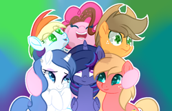 Size: 1000x644 | Tagged: safe, artist:littleskyrose-yt, imported from derpibooru, oc, oc only, oc:apple heart, oc:apple shine, oc:cotton candy, oc:glam, oc:storm runner, oc:twilight shine, alicorn, earth pony, pegasus, pony, unicorn, abstract background, alternate mane six, base used, colored pupils, cowboy hat, freckles, group hug, hat, hooves to the chest, hug, next generation, offspring, open mouth, outline, parent:applejack, parent:big macintosh, parent:caramel, parent:cheese sandwich, parent:fancypants, parent:flash sentry, parent:fluttershy, parent:pinkie pie, parent:rainbow dash, parent:rarity, parent:soarin', parent:twilight sparkle, parents:carajack, parents:cheesepie, parents:flashlight, parents:fluttermac, parents:raripants, parents:soarindash, raised hoof, smiling