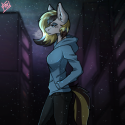 Size: 2000x2000 | Tagged: safe, artist:defiantfox, imported from derpibooru, oc, anthro, pony, anthro oc, city, commission, simple background, snow, snowfall