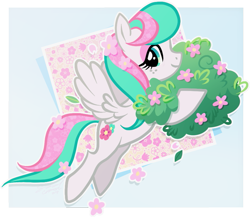 Size: 881x763 | Tagged: safe, artist:conphettey, imported from derpibooru, blossomforth, pegasus, pony, alternate hairstyle, bush, female, flower, flying, plant, solo