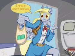 Size: 2048x1536 | Tagged: safe, artist:frist44, imported from derpibooru, derpy hooves, anthro, aircraft, commission, female, flight attendant, grocery bag, oops my bad, parachute, solo, stewardess, this will not end well