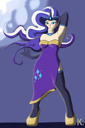 Size: 2000x3000 | Tagged: safe, alternate version, artist:grayk, derpibooru exclusive, imported from derpibooru, part of a set, nightmare rarity, rarity, human, arm behind head, breasts, busty nightmare rarity, busty rarity, choker, clothes, colored, cutie mark, cutie mark on clothes, dress, evening gloves, female, gloves, high heels, humanized, long gloves, looking at you, looking down, makeup, moon, part of a series, shoes, side slit, slit eyes, slit pupils, smug, socks, standing, thigh highs