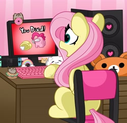 Size: 4096x3959 | Tagged: safe, artist:kittyrosie, imported from derpibooru, fluttershy, pinkie pie, pegasus, pony, among us, chair, computer, crying, cute, digital art, female, fluttercry, gamershy, mare, missing cutie mark, nintendo switch, pusheen, shyabetes, solo