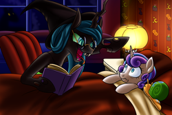 Size: 1800x1200 | Tagged: safe, artist:redahfuhrerking, imported from derpibooru, princess flurry heart, queen chrysalis, whammy, alicorn, cat, changeling, changeling queen, snail, alternate hairstyle, auntie chrissy, bed, bedroom, blanket, book, chair, fangs, female, glassalys, glasses, halloween, hat, holiday, jack-o-lantern, lamp, mare, nightmare night, older, older flurry heart, open mouth, pillow, pumpkin, raised hoof, reading, scared, silhouette, this will end in nightmares, this will end in tears, tongue out, witch hat