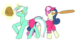Size: 1280x666 | Tagged: safe, artist:pokeshadow, artist:pokeskugga, imported from derpibooru, bon bon, lyra heartstrings, sweetie drops, earth pony, pony, unicorn, baseball, baseball bat, baseball cap, baseball glove, cap, clothes, costume, glowing horn, halloween, halloween costume, hat, holiday, horn, magic, mouth hold, nightmare night, nightmare night costume, no pupils, simple background, skirt, sports, telekinesis, watermark, white background